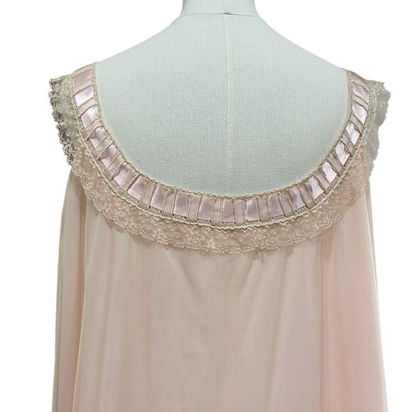 Vintage 60s Odette Barsa Pink Nylon Chiffon Lace & Ribbons Maxi Nightgown Size M - Picture 8 of 10